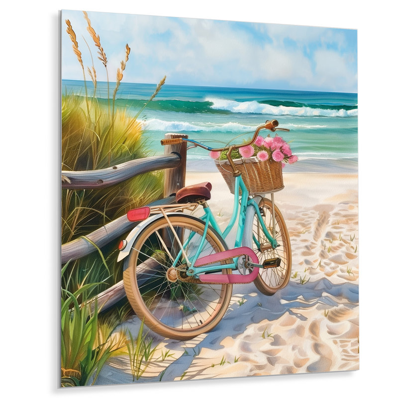 Vélo bleu sur le sentier de la plage côtière - art mural côtier, Métal métal, H 32 po x l 16 po x P 1 po