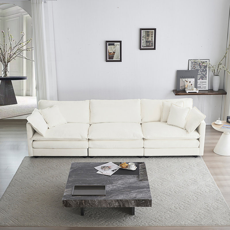 Mid-Century Modern Couch 3-Seater Sofa With 2 Armrest Pillows And 3 Toss Pillows, 3, White, 32.98"H x 146.47"W x 35.02"D