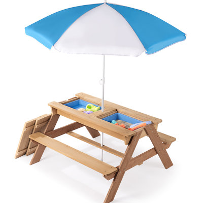 31 Wooden ' Outdoor Picnic Table With Umbrella - Multifunctional Sand & Water Play Design Adjustable Sunshade Convertible Approved
