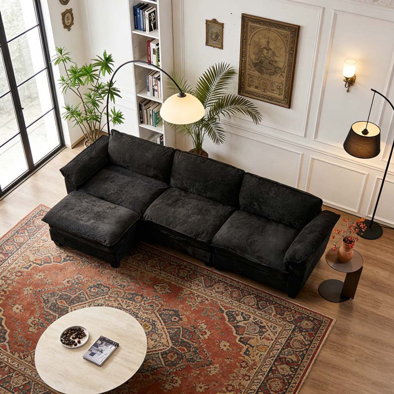 Canapé de luxe avec repose-pieds Furniture, 3, H 34,2 po x l 120,1 po x P 57,1 po, Noir