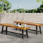 De 2 bancs d'extérieur, structure en métal brun rustique, bancs de salle à manger industriels modernes avec lattes de bois (2) et bois brun