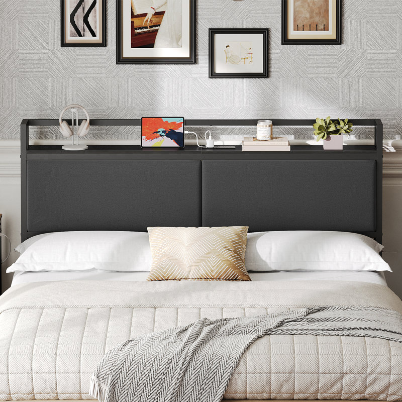  Upholstered Headboard Metal Frame with Charging Station and Storage, King, Black