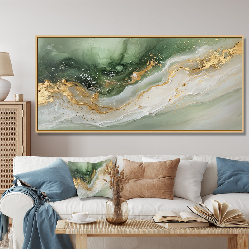 «Ephemeral Emerald Pathway To The Gemstone II», reproduction sur toile marbrée, H 28 po x l 60 po, Cadre flottant, Doré