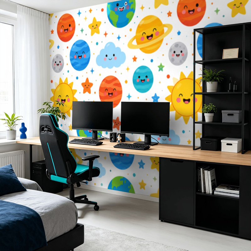 Peler et coller le papier peint, espace, planètes sans soudure, système solaire, soleil, étoiles météorites, griffonnage, art mural, auto-adhésif et amovible