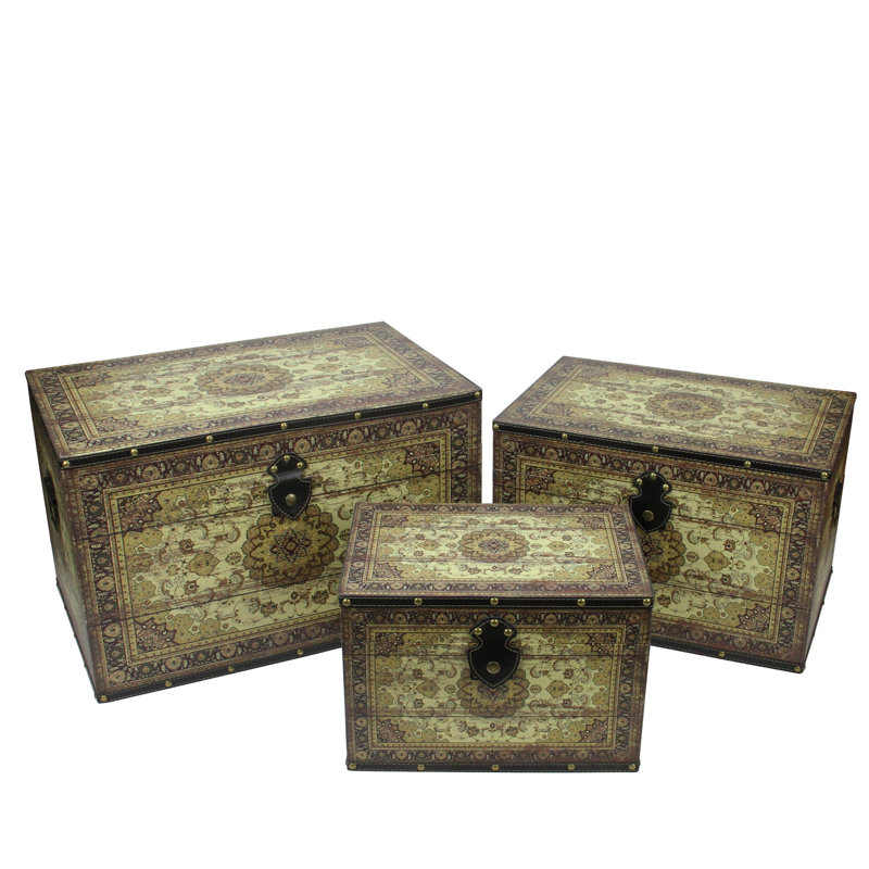 Boîte de rangement décorative en bois de style oriental brun et crème