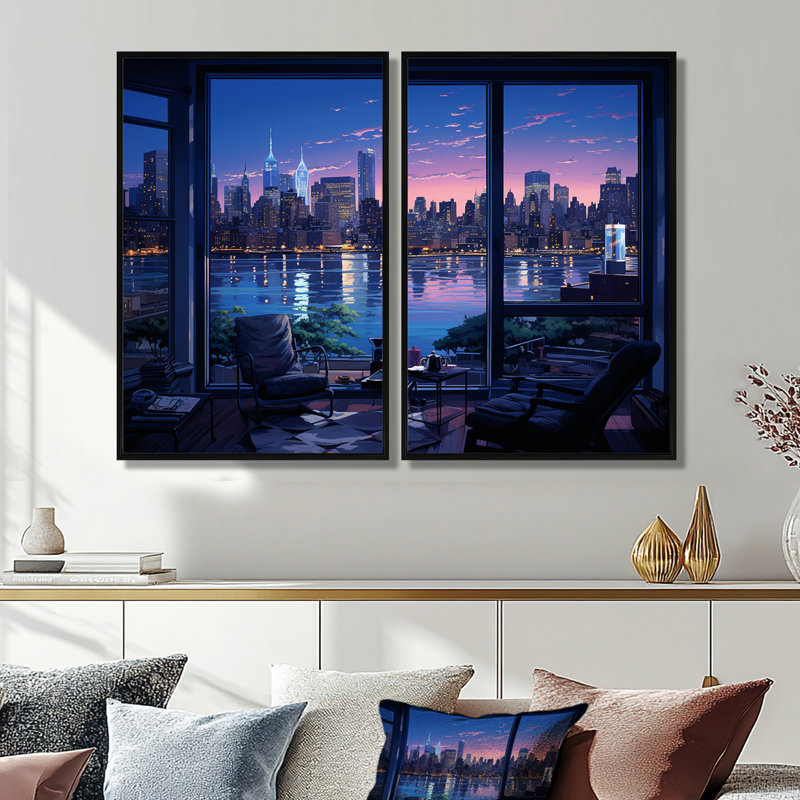 «Blue Nyc At Night Window View III», reproductions d'art industriel sur toile 2 pièces, H 36 po x l 48 po, Noir