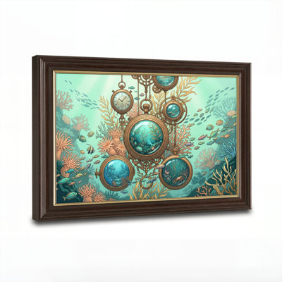 Art mural antique sur toile encadré doré pour le salon, la chambre à coucher, le bureau ou le vestibule - Décoration murale décorative avec horloges sous-marines