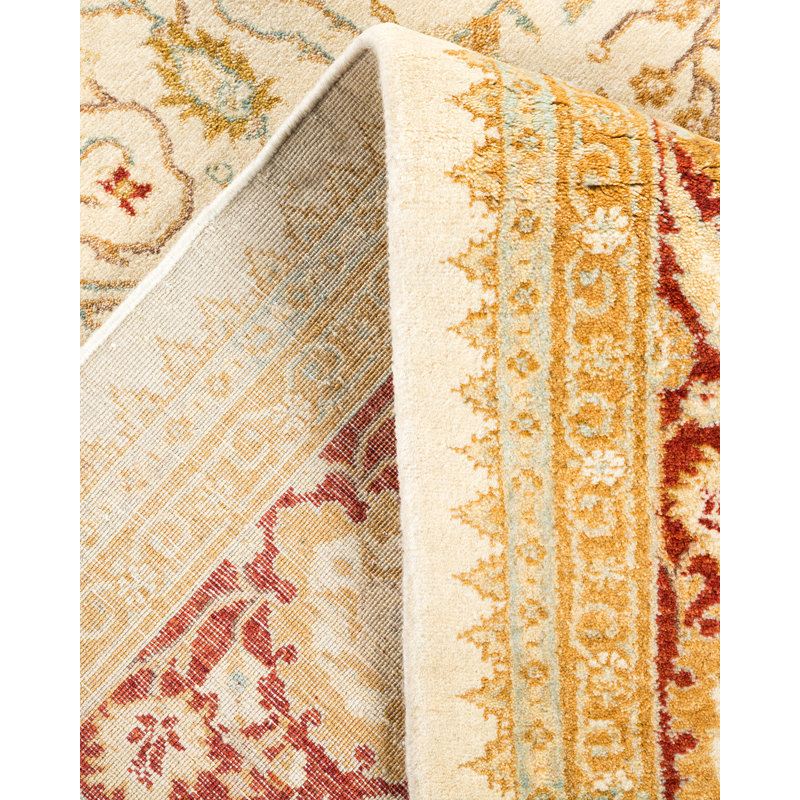 Tapis ivoire / rouge noué à la main de conception unique et unique 6 pi 2 po x 6 pi 4 po Oakhur