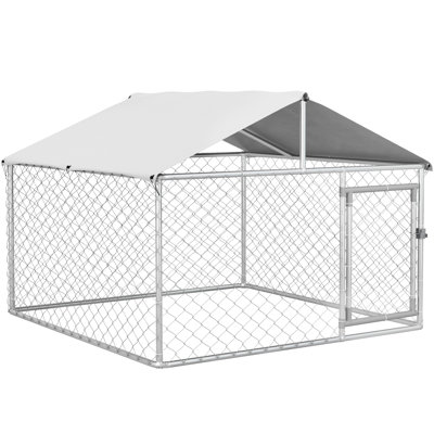 Large Dog Kennel Outside - Heavy Duty With Waterproof Cover, Galvanized Chain Link, 6.6'X6.6'X4.9', Spacious For Loving Puppies, Secure Lock, Steel Framework Outdoor Fence Duty, Cute Adult Dogs,