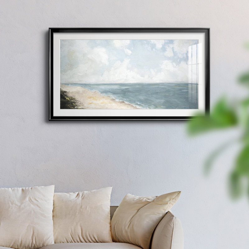 Vue sur la plage - reproduction encadrée de qualité supérieure - prête à être accrochée, H 10,5 po x l 18,5 po x P 1 po, Noir