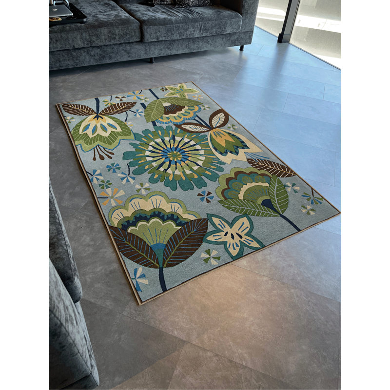Blue-Themed Multi-Colored Floral Patterned Creative Modern Decorative Rug, Rectangle 4'11.06" x 9'10.11"