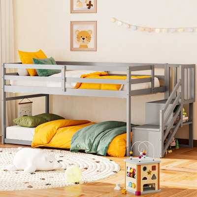 Low Bunk Bed Twin Over Twin, Floor Bunk Beds With Storage Staircase And Guardrails