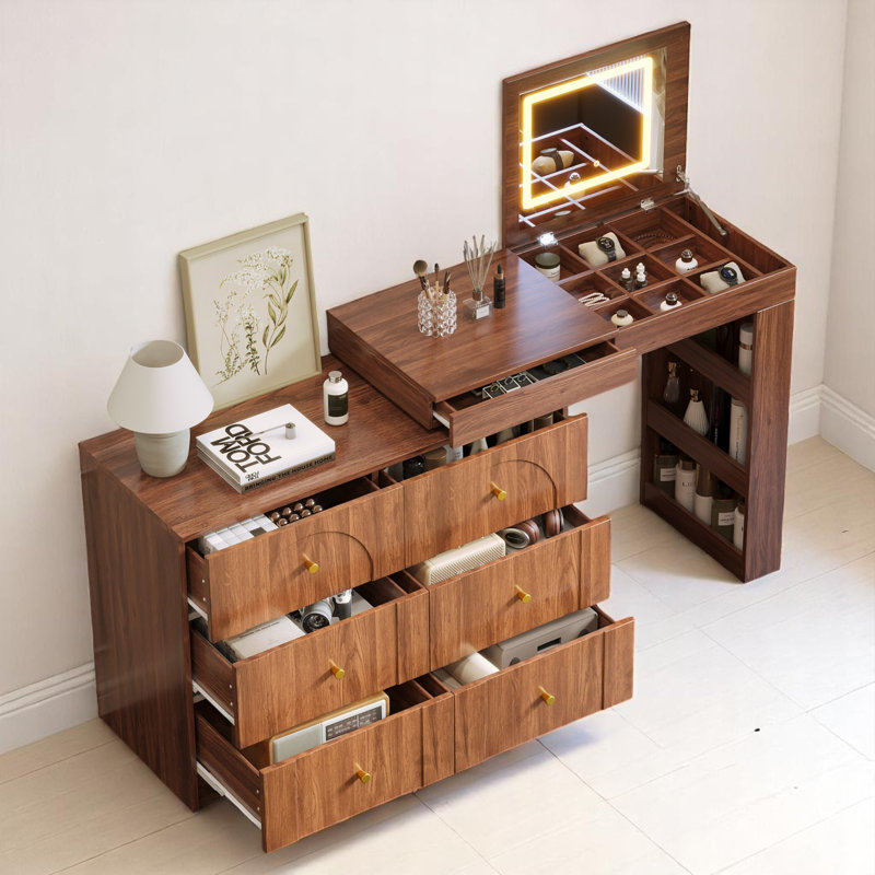 Maurece Rotatable Vanity Desk With Mirror And Adjustable LED Lights, Makeup Vanity With Flip-Top Tabletop And 7 Drawers