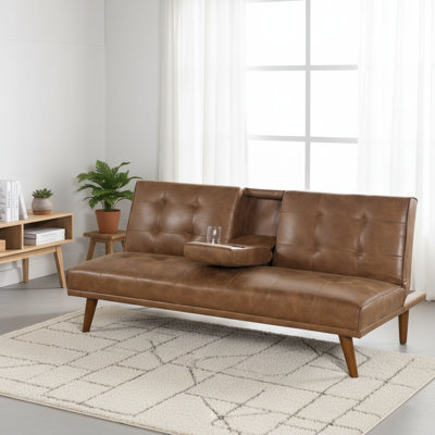 Versatile Convertible Sofa Upholstered Tufted Convertible Sofa with Cup Holders and Wooden Legs