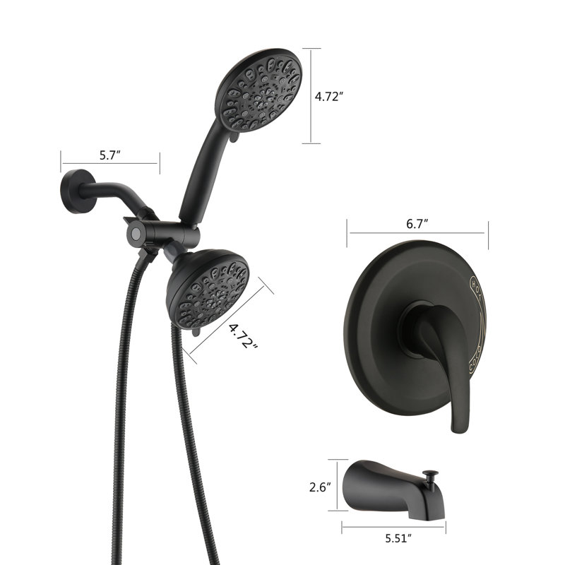 Matte Black Wall Mounted Shower System With Dual . 7 Spray Modes Head & Hand Shower. All Metal. 1.8 Gpm Flow Rate. 59" Hose. 1/2" Connection. Tub Spout Included . High Faucet. Metal Structure.
