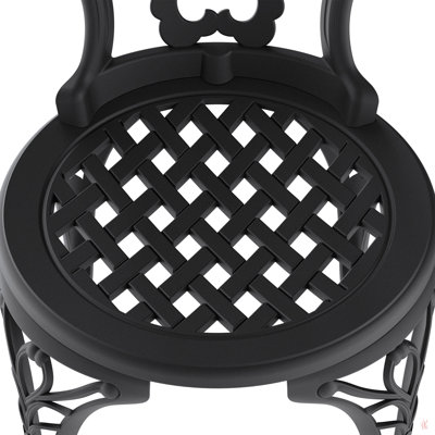 All-weather cast aluminum patio set - premium outdoor dining furniture with table & chairs in black frame by World Menagerie