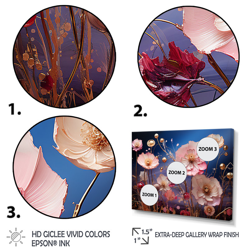 Rose et bleu «Poppy Meadows» - art mural coquelicots, H 16 po x l 32 po x P 1 po, Cadre flottant brun