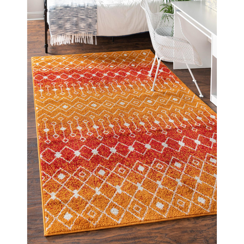 Tapis orange / rouge en polypropylène tissé à la machine Briehn, Rectangle 10 pi 8 po x 14 pi