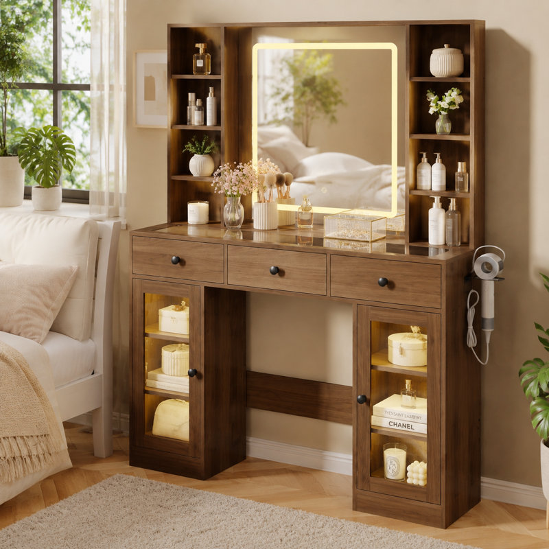 Vanity Desk with RGB Lights, Top, Lighted Mirror and Built-in Hair Dryer Rack, All-in-One Makeup Table with Drawers and Shelves