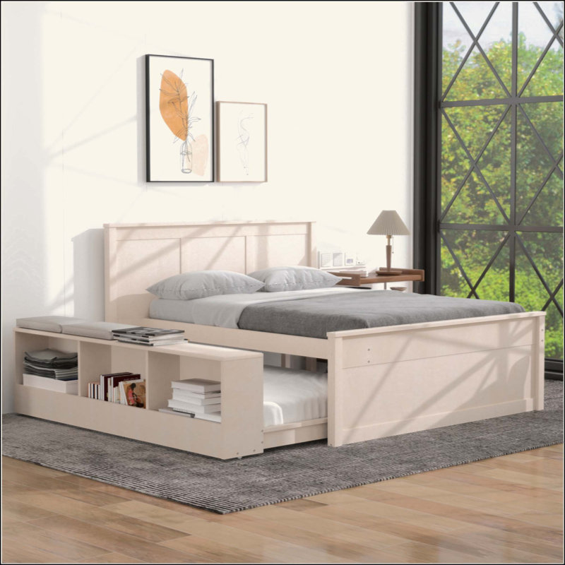 Lit plateforme en bois avec lit gigogne escamotable, armoire de rangement, Full / Double, Cream White