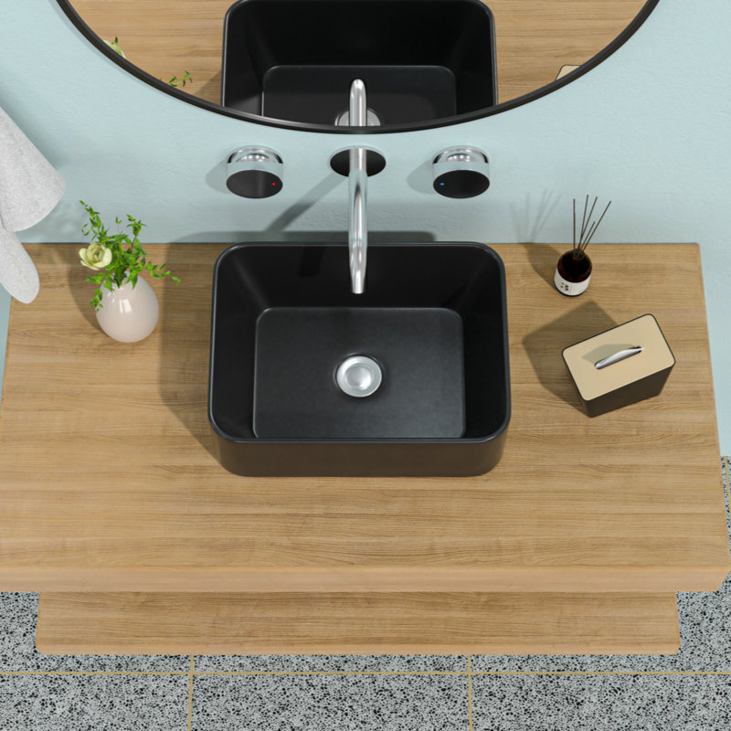 16"X12"  Ceramic Rectangular Vessel Bathroom Sink, Centerset Faucet, Black