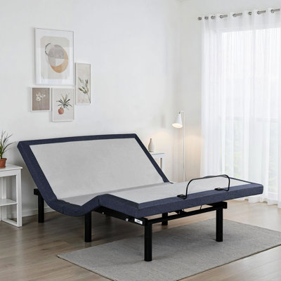 Adjustable Bed Base For King, Comfort, Full - Range Adjustment, One Touch Return, Programmable Memory, Wireless Remote, 850 Lbs Capacity, Center Folding, 3 Leg Heights, Blue Gray King Bed, Smooth
