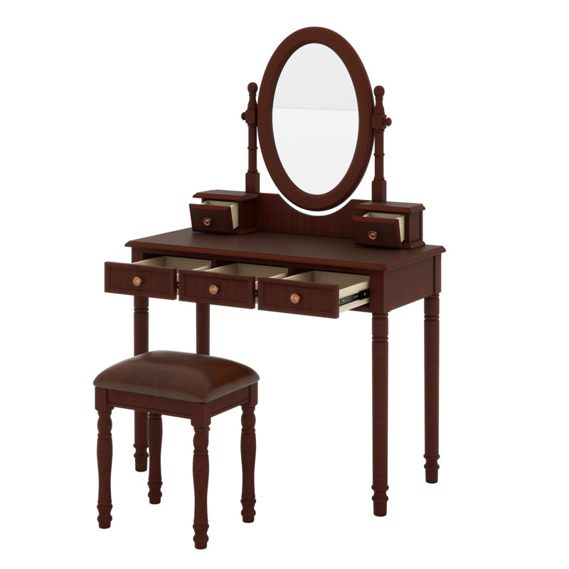 Bureau de maquillage vintage avec miroir à angle réglable et tabouret rembourré, 5 tiroirs de rangement