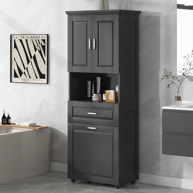 Grande armoire de salle de bain avec panier à linge, Noir