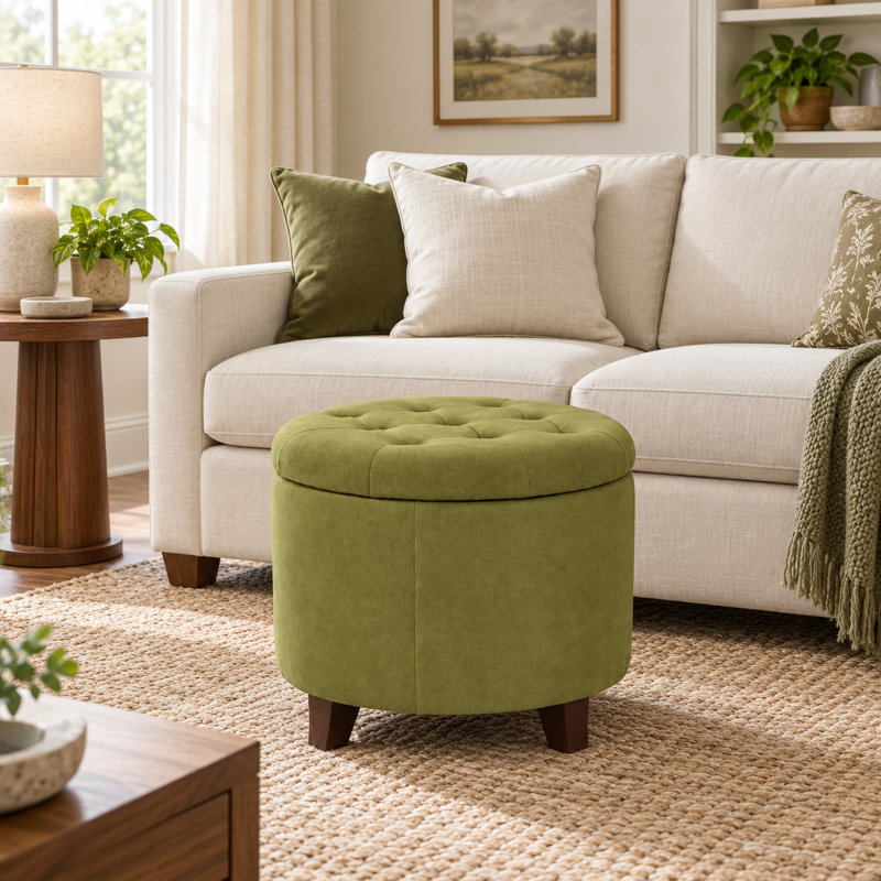 19.7" Linen Upholstered Storage Ottoman  For Living Room, Dark Green Linen