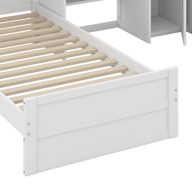 Lit plateforme multifonctionnel avec bureau, garde-robe, armoires, tiroirs et tablettes, Blanc