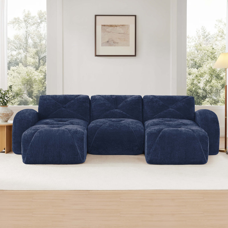 Canapé modulaire capitonné en U avec 2 repose-pieds Klyrith, sans assemblage requis, Velours bleu