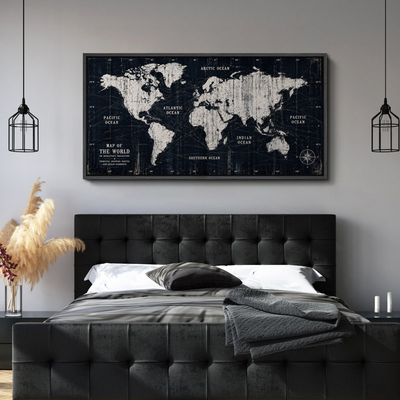 Œuvre d'art rétro vintage et noir et blanc carte du monde carte de navigation - impression sur toile encadrée, Black