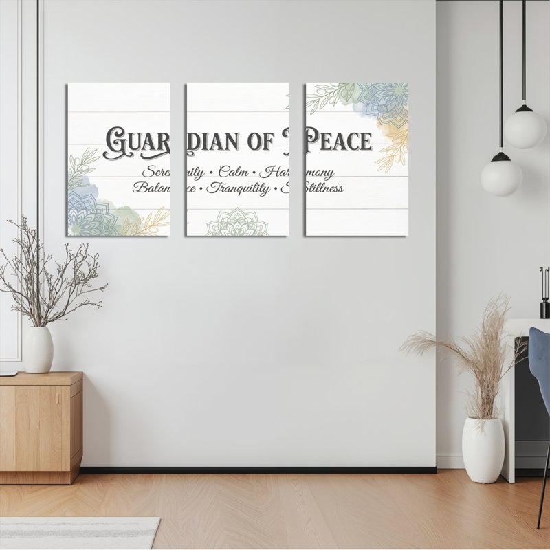 Ensemble de 3 tableaux muraux Mandala floral Gardien de la Paix sur toile tendue, pour salon, chambre ou espace de méditation.