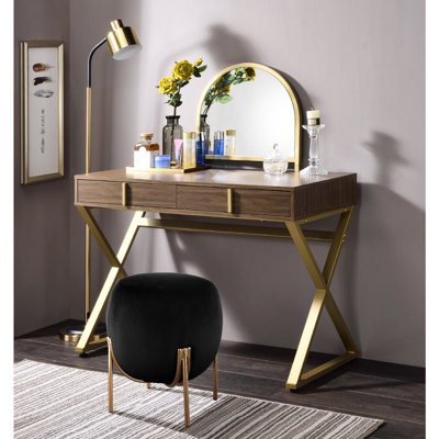 Meuble-lavabo à 2 tiroirs en noyer et doré avec plateau à bijoux en miroir, cadre, 42 po de profondeur, 19 po de largeur, 50 po de hauteur
