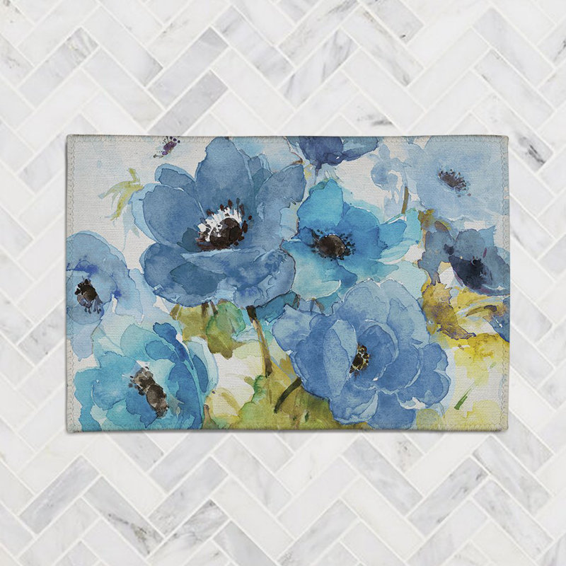 Blue Bouquet Chenille Floral Indoor Rug, Rectangle 3' x 5'