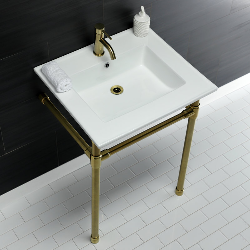 Kingston Brass Dreyfuss 25-Inch Ceramic Console Sink with Stainless Steel Legs, Brushed Brass, Single