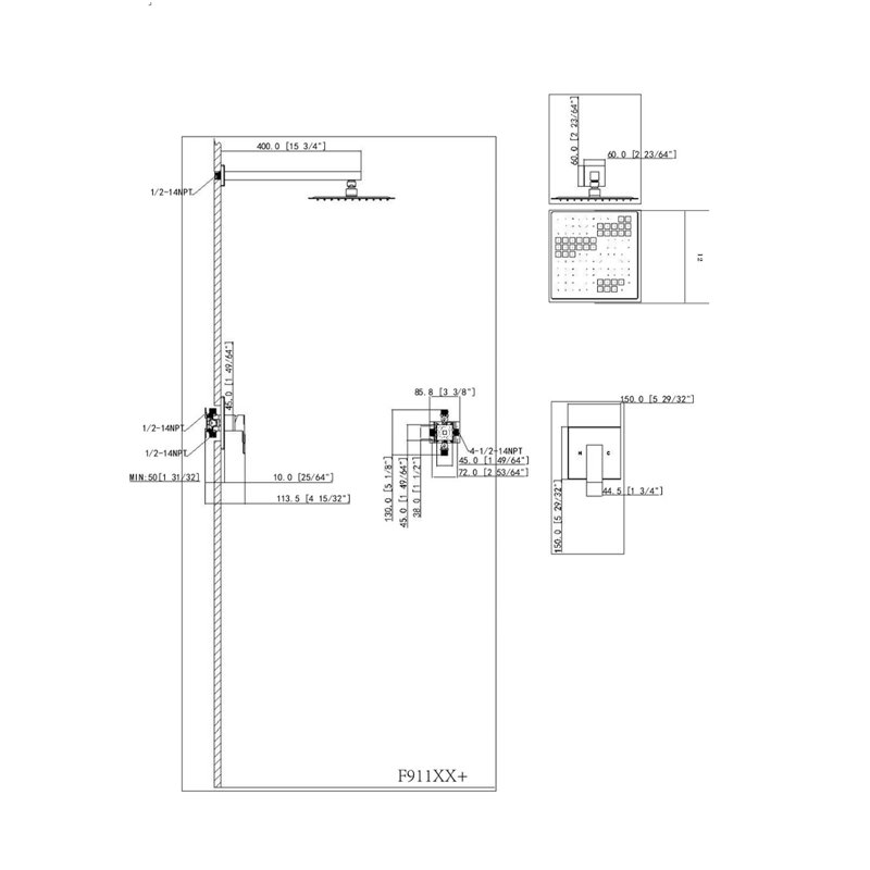 Brushed Nickel Square Rain Shower Head with Single Lever Handle