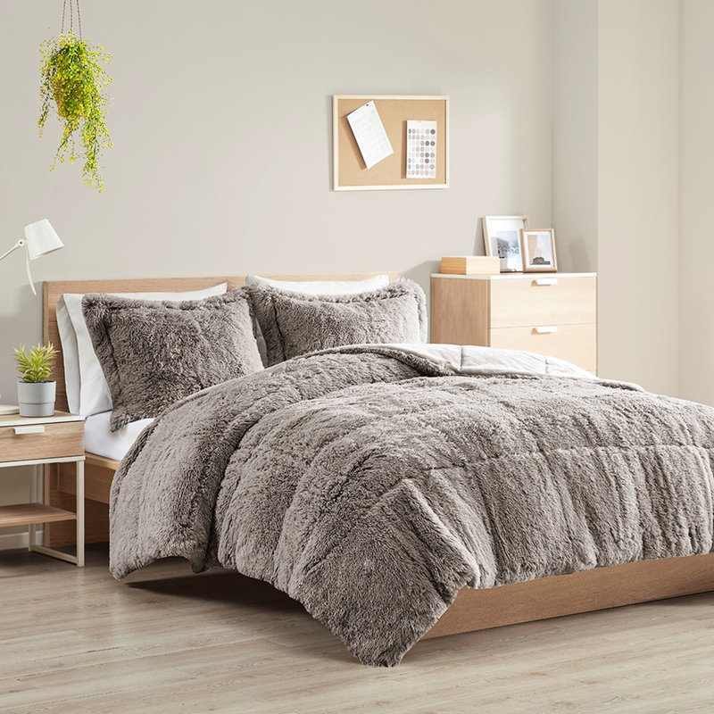 Édredon gris à poils longs pour très grand / très grand lit, texture moelleuse, lavage à la machine à l'eau froide, l'envers du lit bas, séchage par culbutage et 2 taies décoratives incluses