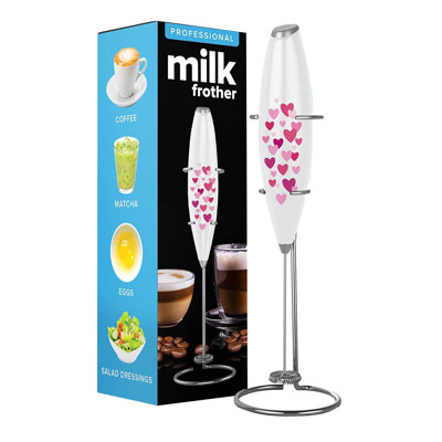 PowerLix Milk Frother Handheld Battery Operated Electric Whisk Foam Maker For Coffee With Stainless Steel Stand Included