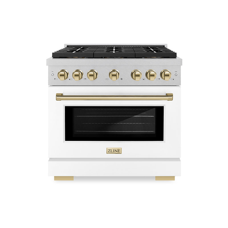 ZLINE Autograph Edition 36 in. 5.2 cu. ft. Paramount Dual Fuel Range W/ 6 Burner DuoPro Cooktop and Electric Convection Oven in Satin Stainless Steel W/ White Matte Door and Champagne Bronze Accents