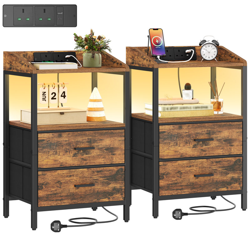 Bedside Tables Set of 2 with LED Lights and Charging Station, Bedside Cabinet with 2 Fabric Storage Drawers, Nightstand with USB Ports & TypeC for Bedroom, Livingroom 