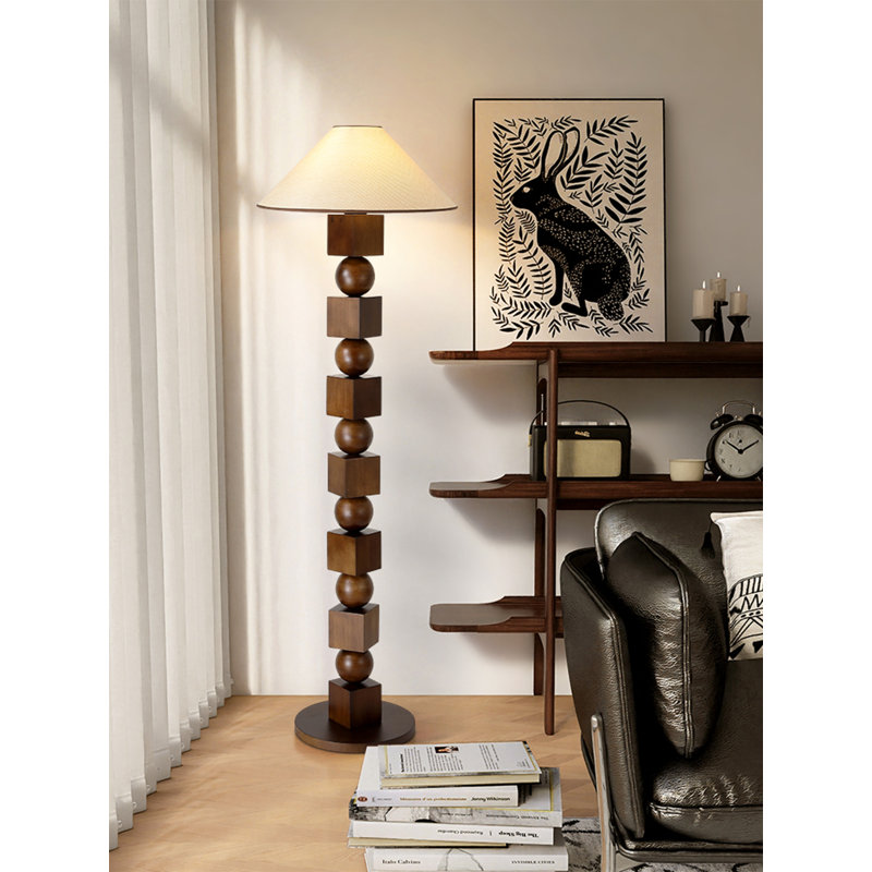 Wabi-Sabi Style Rubber Wood and Fabric Floor Lamp, Walnut