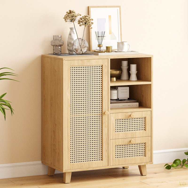 Rattan Buffet Cabinet With Adjustable Shelf, Sideboard With Drawers For Living Room, Kitchen, Entryway, Natural