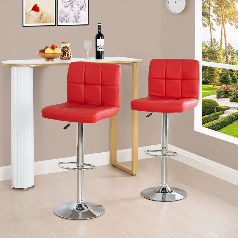 Swivel and Height Adjustable Leather Barstools, Red