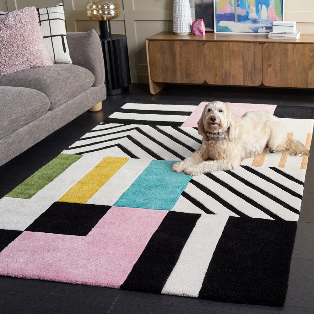 Tripoli Hand Tufted Wool Ivory/Black/Pink Rug, Rectangle 8' x 10'