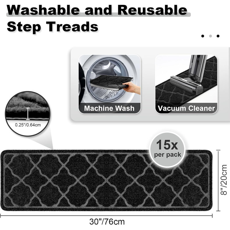 Tapis d'escalier antidérapant pour marches en bois d'intérieur, 15 paquets, noir