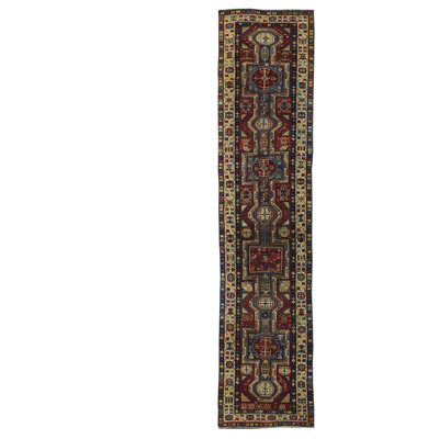 Tapis de couloir unique en laine tissé à la main des années 1920 de 3 pi 6 po x 12 pi 10 po Kuba