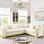 Canapé modulaire en L 106 pouces beige, accents en acier inoxydable doré, boutons en velours, 5 coussins, sièges moelleux, style moderne pour un salon élégant de luxe beige avec sièges, coussins en mousse, espace principal