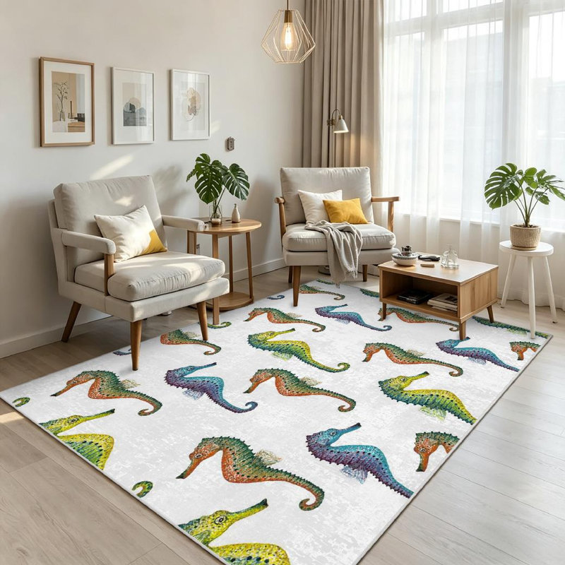 Tapis bleu, bleu, hippocampe et aquarelle, Rectangle 71" x 98"