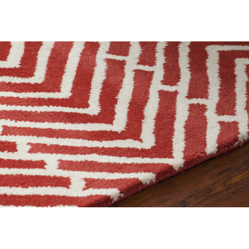 Tapis contemporain en laine touffeté rouge / blanc Davin, Rectangle 5 pi x 7 pi